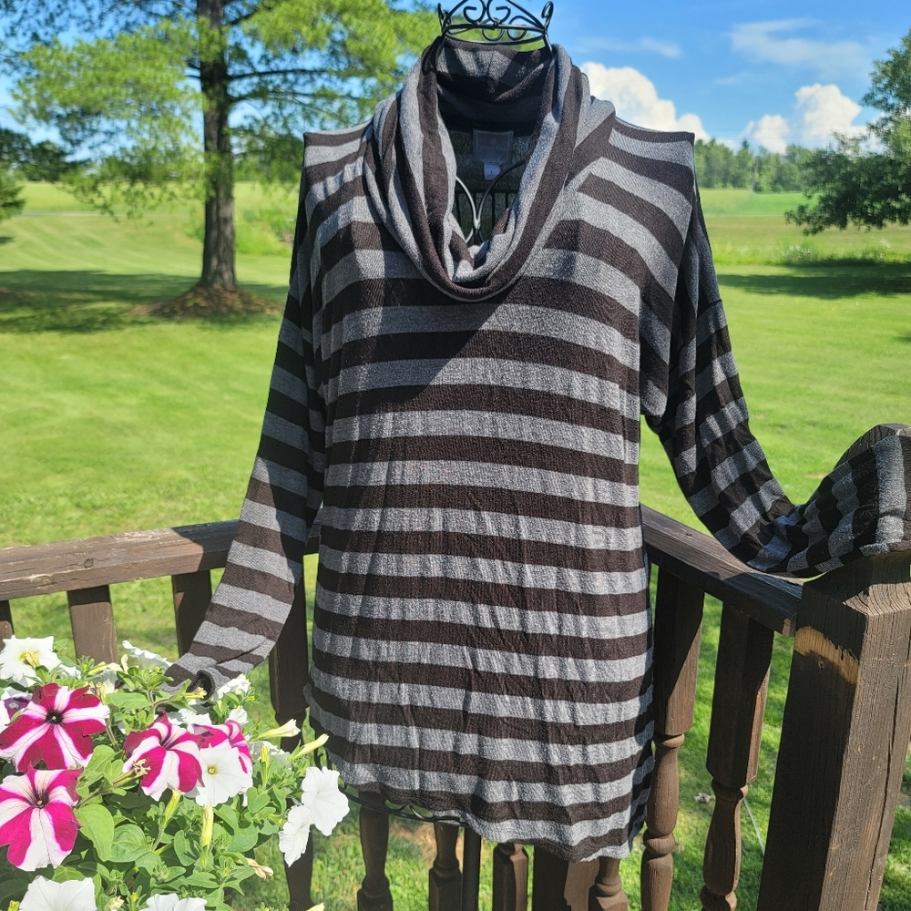 Cowl neck top, asymmetrical hem (Dressbarn) L
